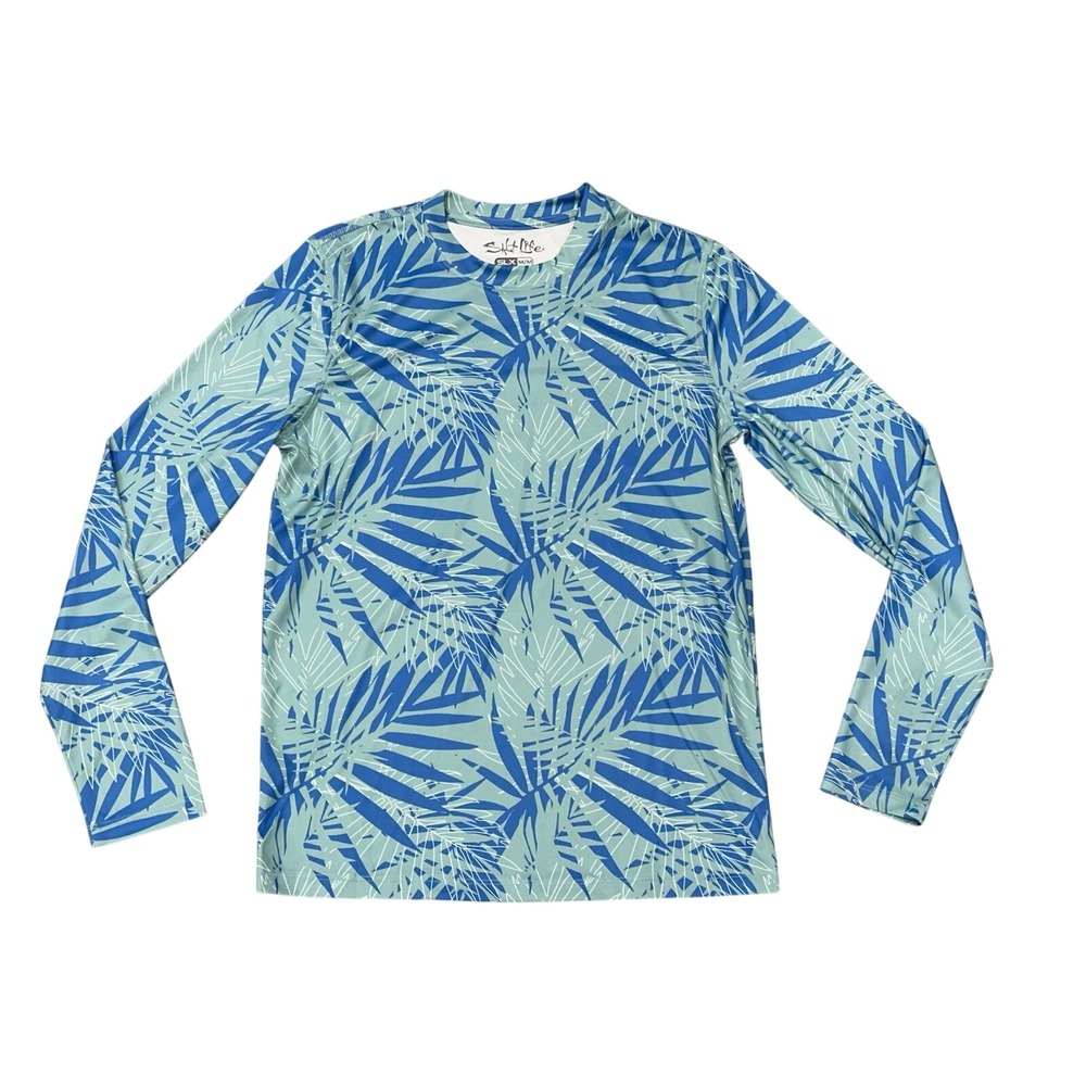 Salt Life Woman's Long Sleeve Performance Tee Blue Green Palm Leafs Medium NWOT